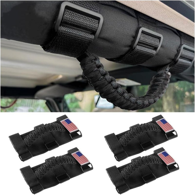 HZEL 4PCS Roll Bar Grab Handles, Oxford Cloth Upgrade Metal Buckle Paracord Grip Handles, Durable and Strong Car Accessories, Compatible with Wrangler JL, JLU, JT, JK, JKU, TJ, LJ and YJ (Black) - Image 1